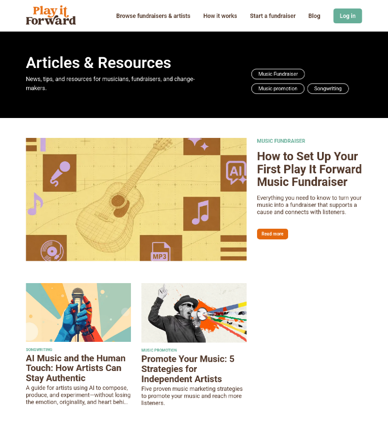 Screenshot of the Play it Forward blog