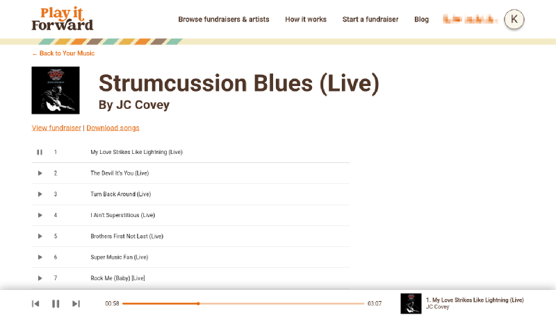 Screenshot of the Play it Forward music streaming functionaity on desktop