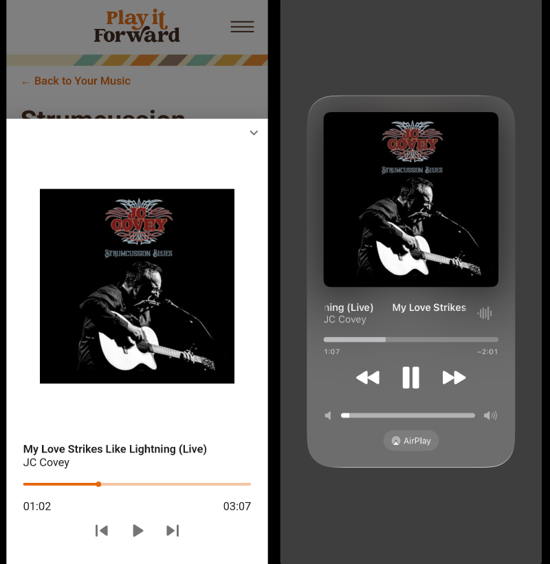 Screenshot of the Play it Forward music streaming functionaity on mobile